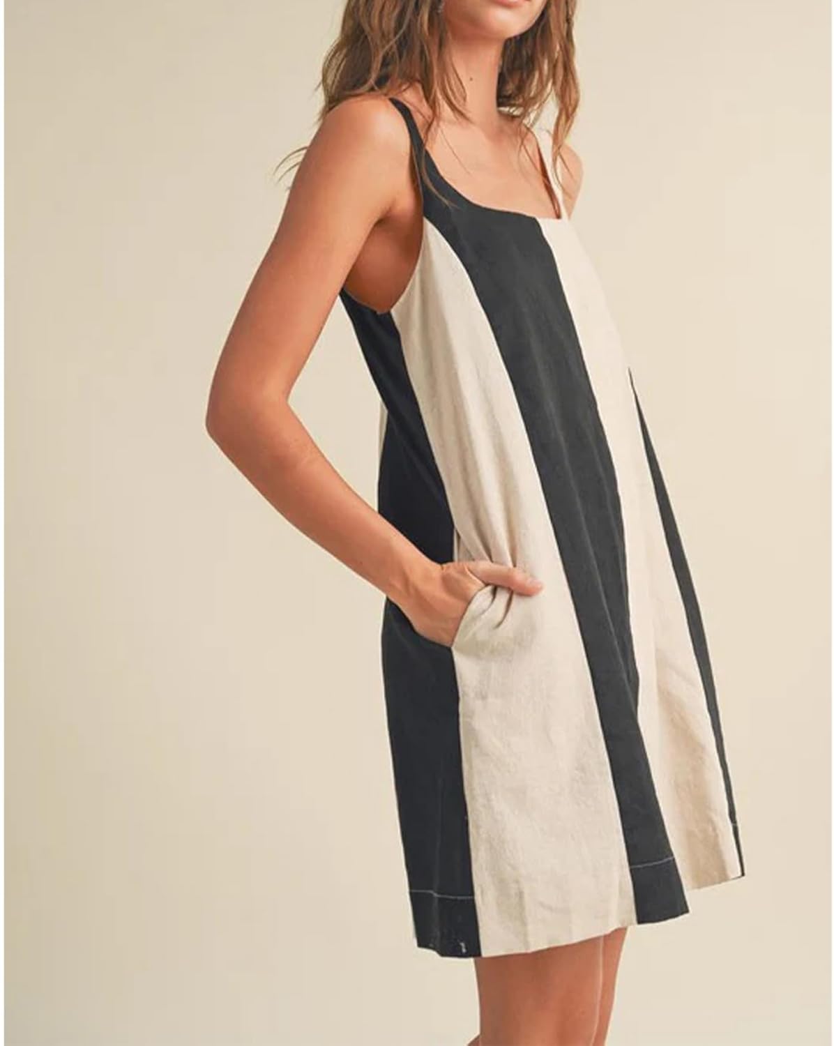 Womens Sleeveless Cotton Dress Summer Fall Color Block Mini Dress Casual Short Adjustable Straps Beach Tank Dress - Image 4