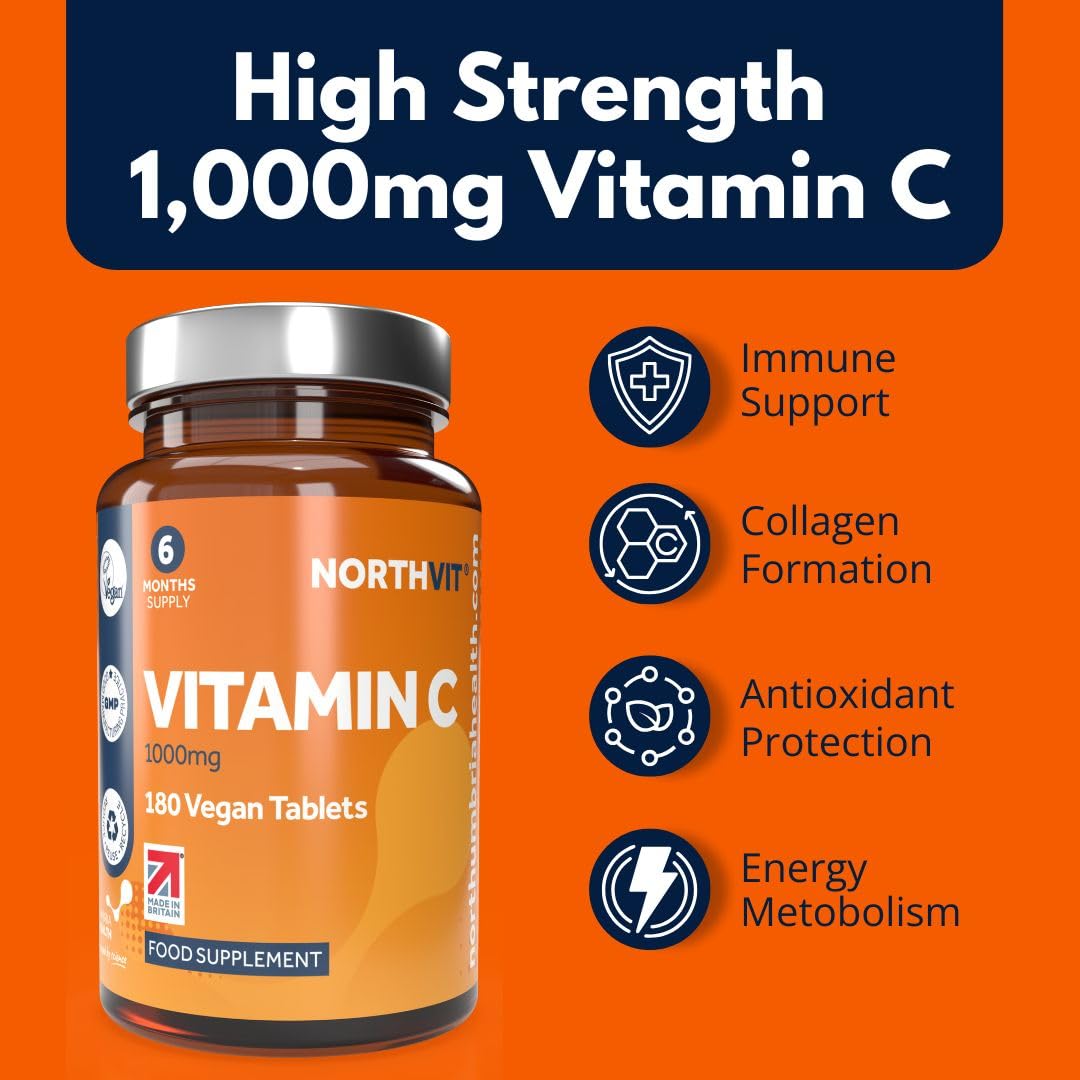 Vitamin C 1000mg – 180 Vegan Tablets (6-Month Supply) – High Strength Immune & Collagen Support – Made in UK – GMO & Gluten Free