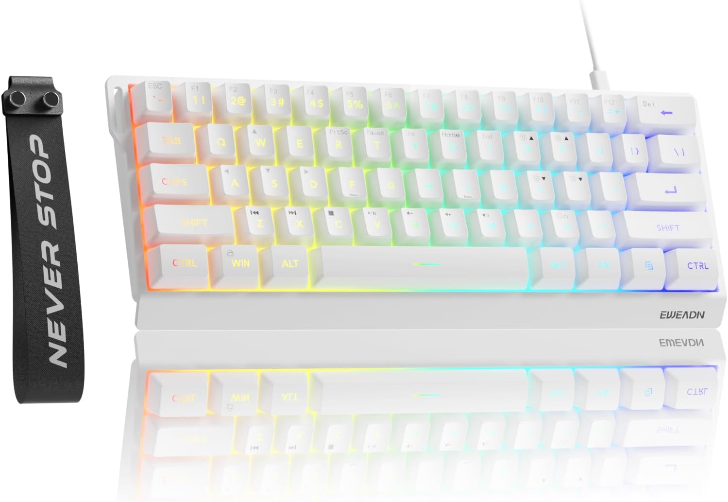 EWEADN F61 60% Wired Gaming Keyboard, RGB Backlit Membrane Gaming Keyboard with PBT Keycaps, Compact Design, Lanyard Wired Keyboard for Mac/Win-White