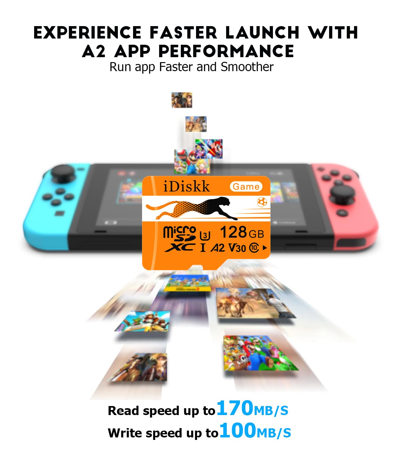 iDiskk Scheda microSDXC da 128 GB + adattatore SD, micro SD A2, scheda di archiviazione ad alta velocità 170 MB/s, UHS-I, classe 10, U3, V30, Full HD 4K UHD, scheda TF per telefoni, tablet, Dash Cam