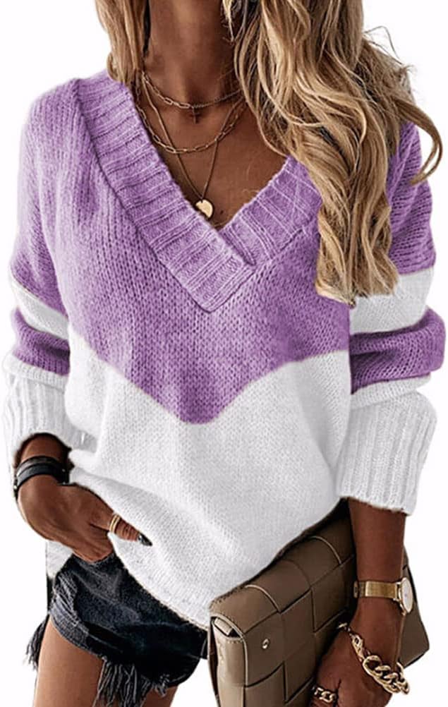 Pull Femme Col V Tricoté - Manches Longues, Léger, Color Block, Pour Automne/hiver, Tailles Européennes