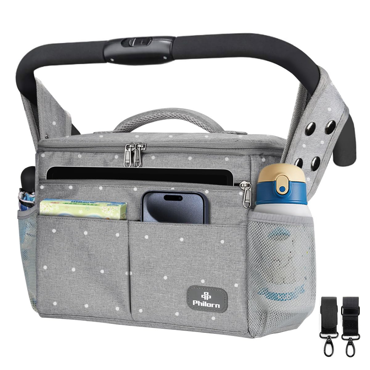 PHILORN Bolso Carro Bebé Universal con Portavasos Aislado y Correa Para el Hombro, Gran Espacio, Bolsa Organizadora de Cochecitos, Bebé Bolsa de Almacenamiento - Apto Para la Mayoría de las Carriolas