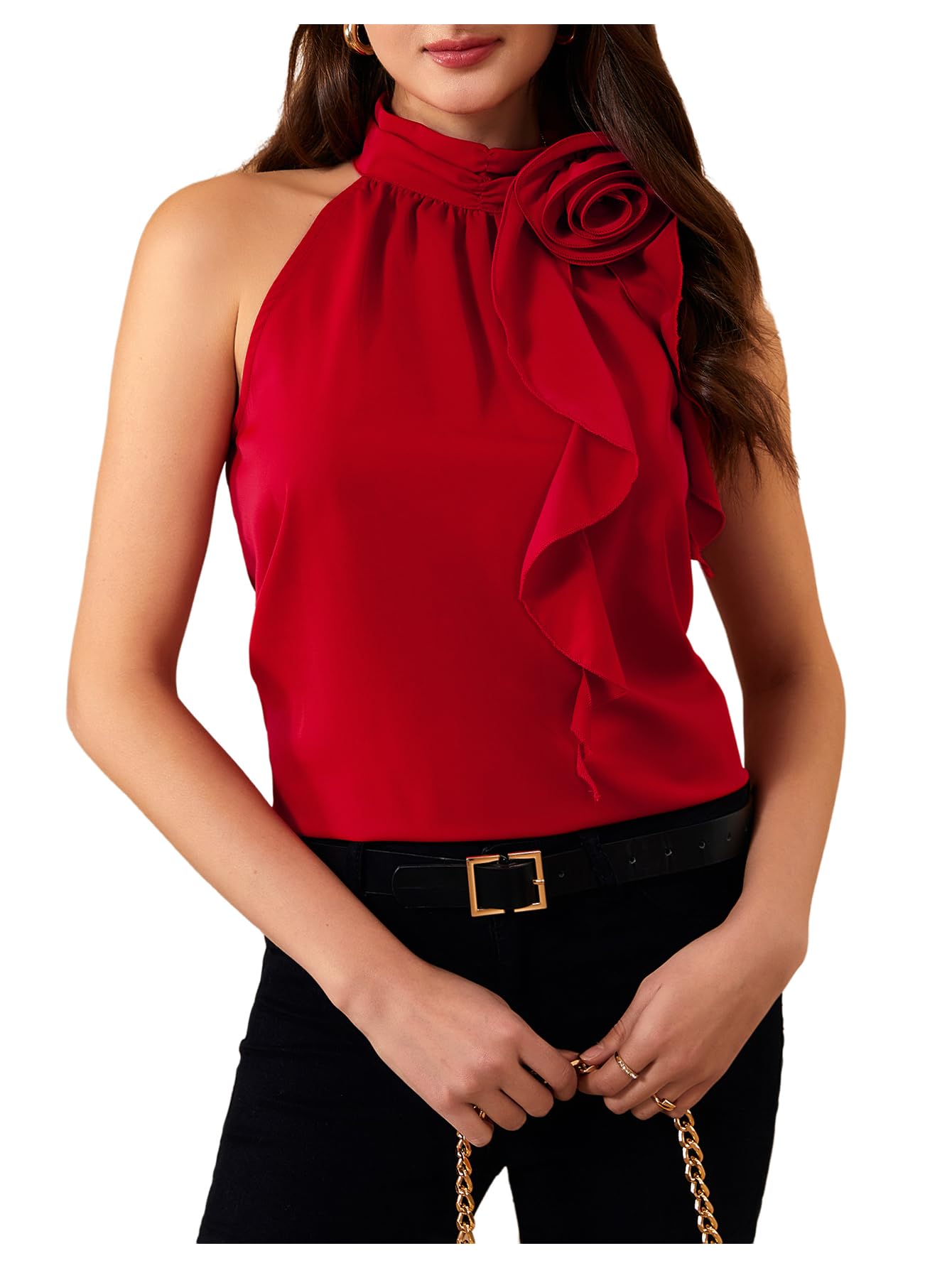 Women's Summer Halter Tops Floral Appliques Sleeveless Work Shirts Blouses for Women Dressy Casual