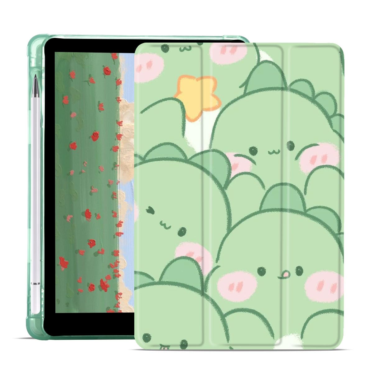 JOYLAND Cute Dinosaur Case for iPad mini 4/iPad mini 5 7.9 Inch, Green TPU Smart Stand Back Cover with Pencil Holder, Auto Wake/Sleep Foldable