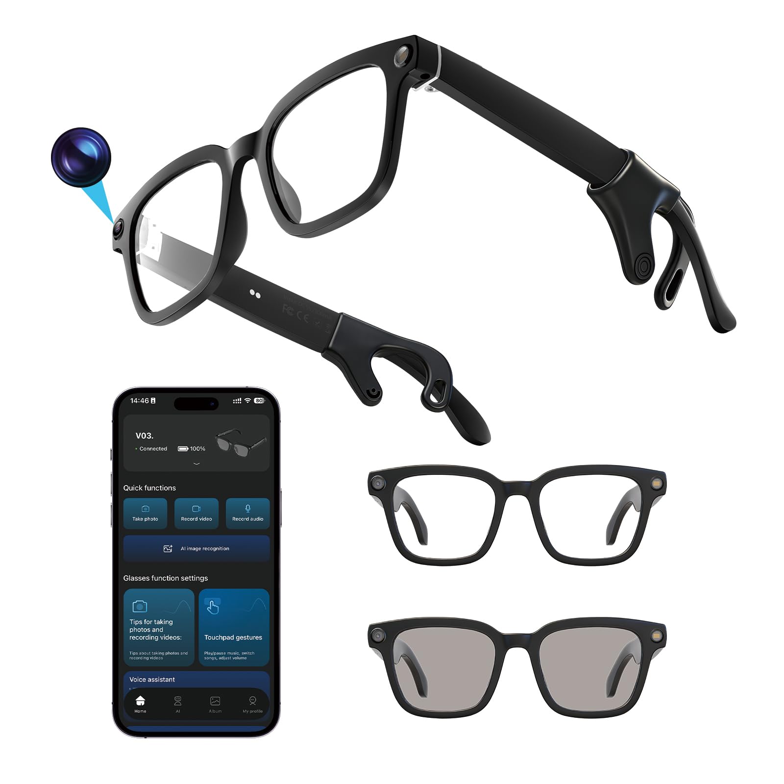AI Smart Glasses with Camera 8MP 1080P HD Video Recording Open-Ear Bluetooth Audio AI Assistant Real-Time Translation Hands-Free