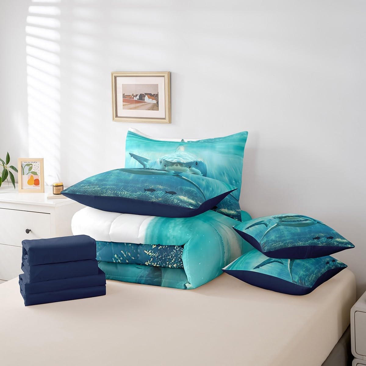 Feelyou Shark Comforter Set with Sheets Shark Fish 7 Piece Bedding Set Full for Kid, Sea Animal Bedding Sets with All Season Quilted Comforter, Flat Sheet, Fitted Sheet, Pillowcases, Pillow Covers