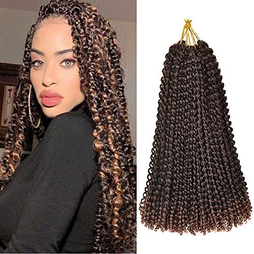 Passion Twist Hair Long Bohemian Water Wave Curly Crochet Braids Hair Ombre Brwon 18 Inch 7 Packs Passion Twist Crochet Synthetic Braiding Hair Extension for Goddess Locs Spring Twist Hair(1B/30#)