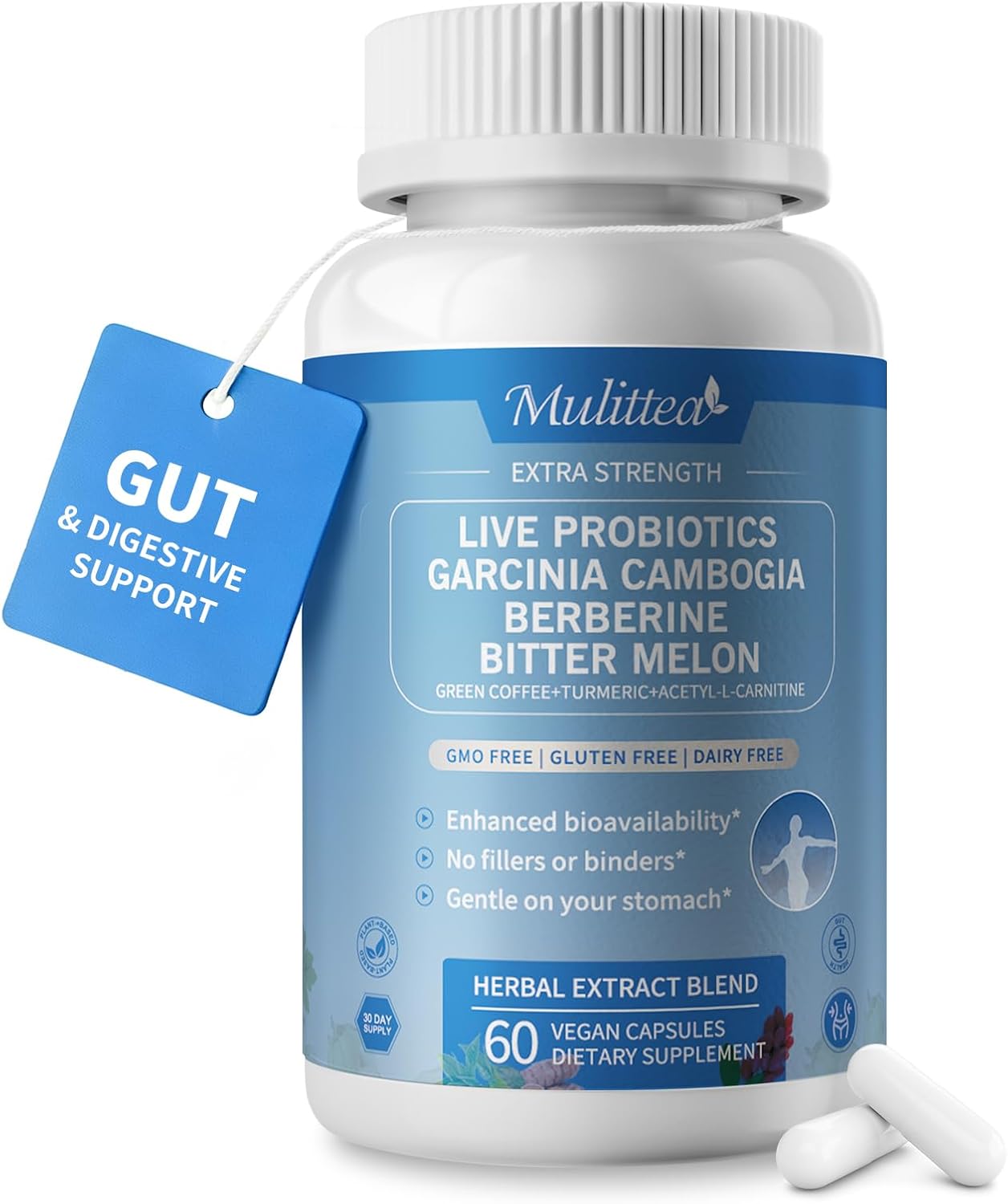 Gut Health Supplement w/Berberine,Garcinia Cambogia,Bitter Melon,Green Coffee, Probiotics, Prebiotics -Supports Digestion, Detox, Energy & Immune Health for Women & Men, 60 Vegan Capsules