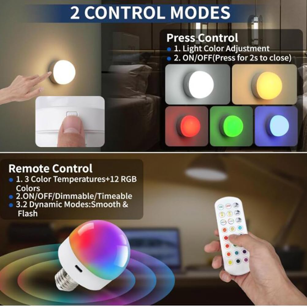 Żarówka LED E27 RGB z pilotem zdalnego sterowania, żarówka akumulatorowa USB 4W z timerem, inteligentna żarówka 15 kolorów + 3 temperatury barwowe, żarówka awaryjna ze zdejmowanym uchwytem na żarówkę