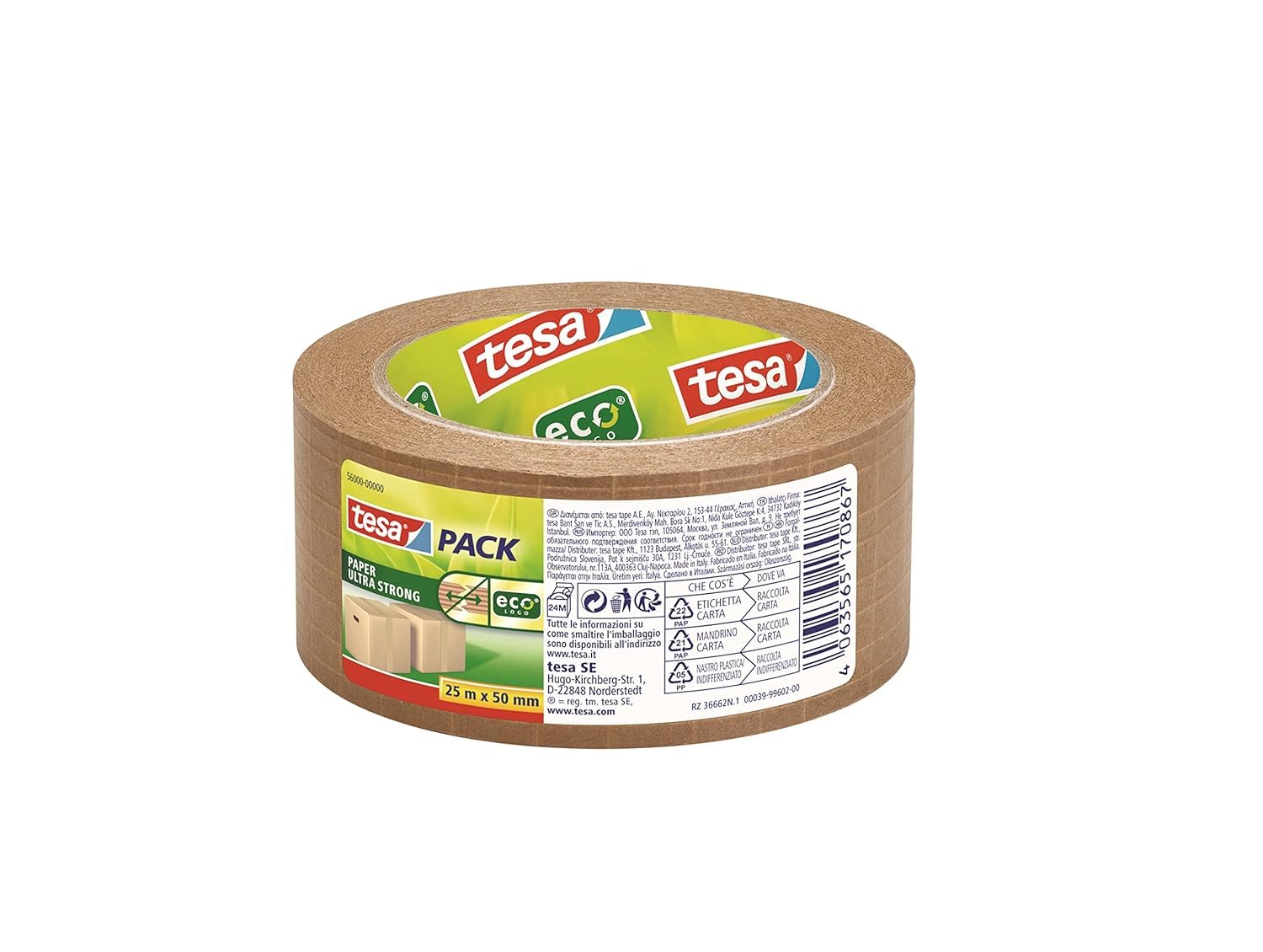 tesa Tesapack PAPER ULTRA STRONG ecoLogo - glasfaserverstärkt, mit extra starker Haftkraft - recyclingfreundliches Papier-Packband aus FSC-zertifizierten Rohstoffen - 25 m x 50 mm (10)