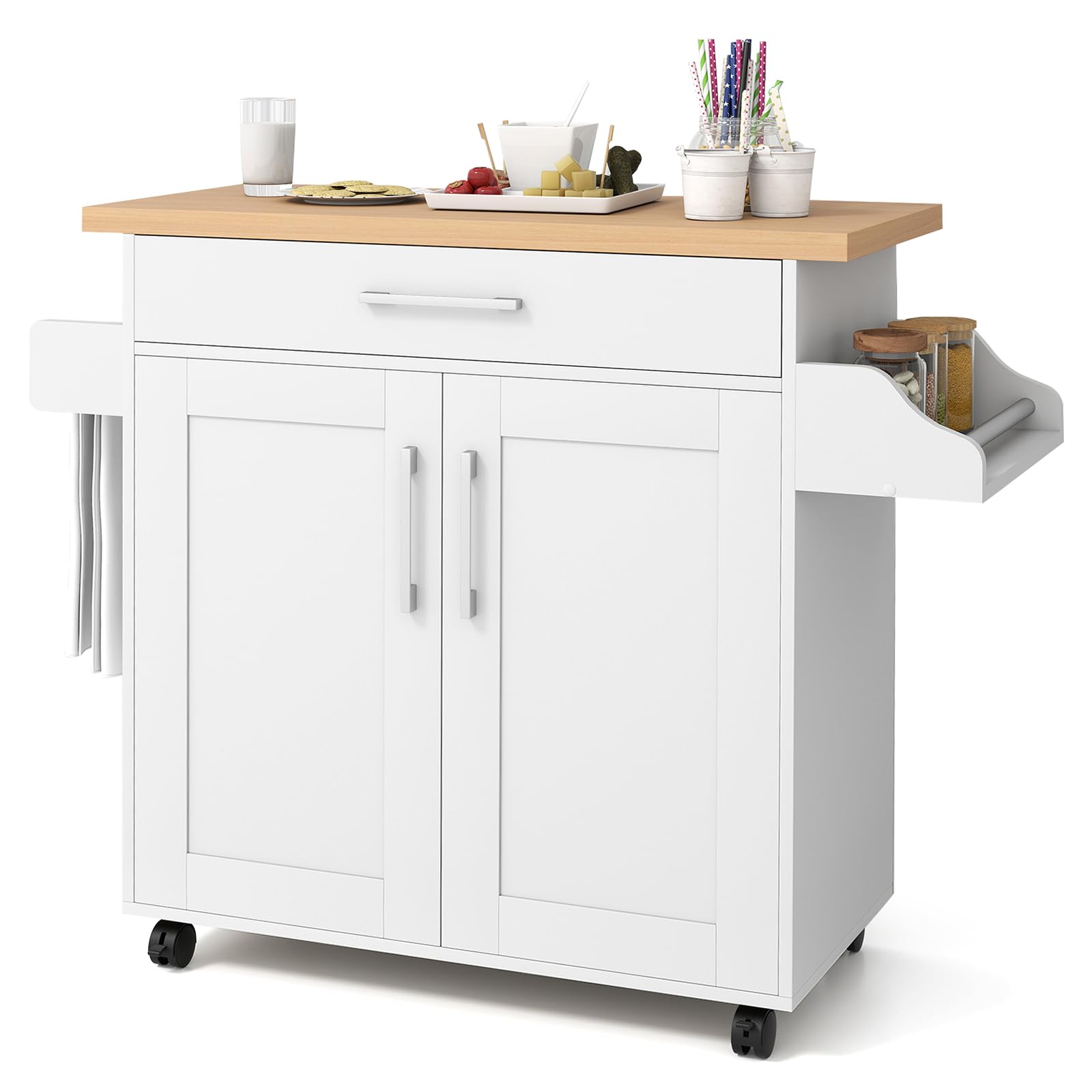 COSTWAY Carrello da Cucina, Credenza Salvaspazio con Cassetto, Ripiano Regolabile, Portaspezie, Portasciugamani e Ruote, Mobile da Cucina per Sala da Pranzo e Soggiorno, 111 × 40 × 90 cm (Bianco)