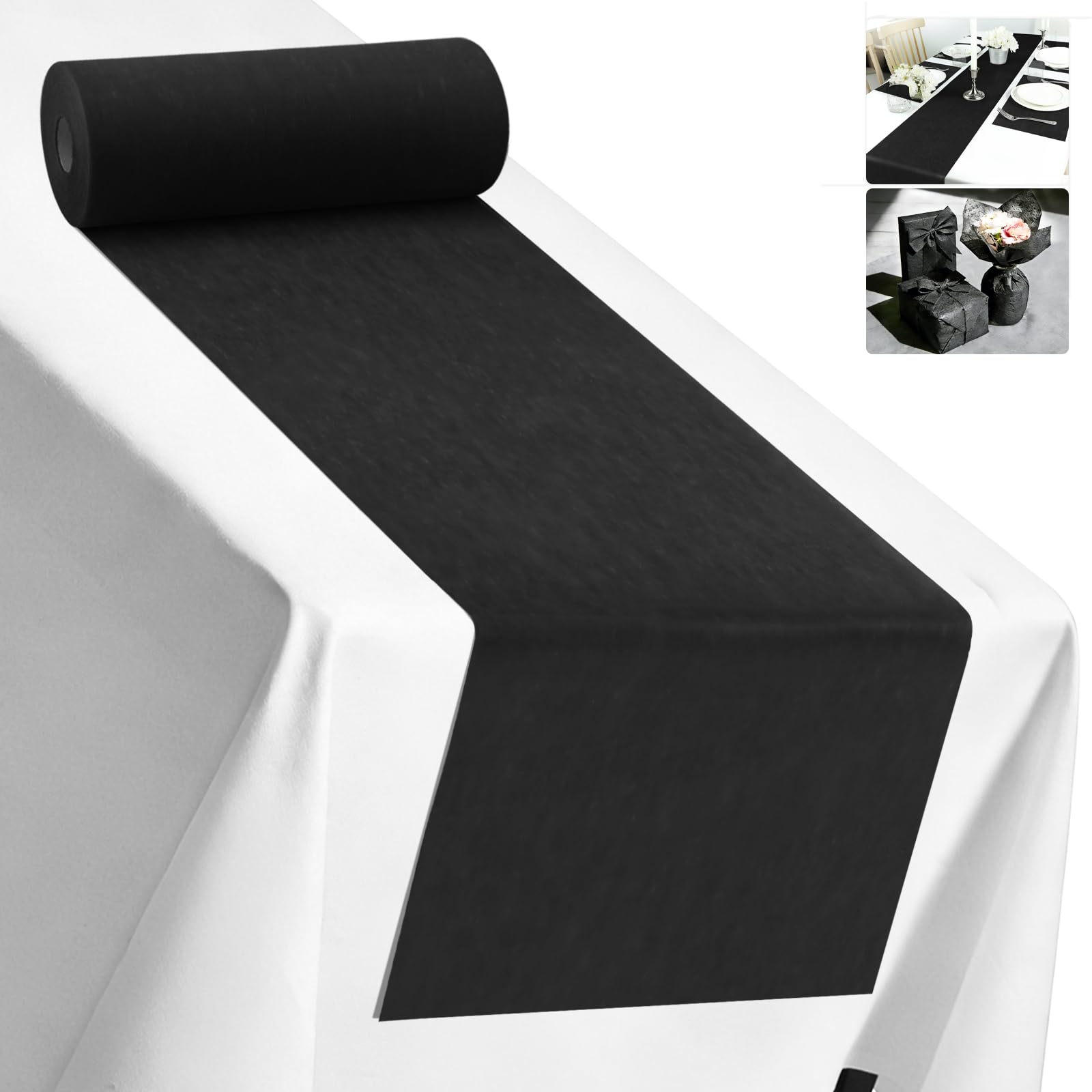 ddckj Vlies Tischläufer Schwarz 30cm x 35m Tischläufer Schwarz Dekoratives Tischband für Taufen, Kommunionen, Hochzeiten, Geburtstage, Weihnachten und andere Feierlichkeiten, 30g/㎡