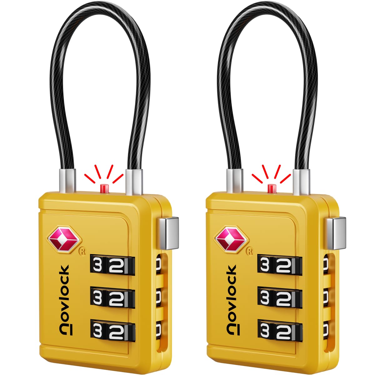 NOVLOCK Luggage Locks – TSA Approved Suitcase Locks – Travel Padlocks with Inspection Indicator – TSA Locks for Suitcases, Backpacks, Cases, Bags – 2-Pack, Yellow