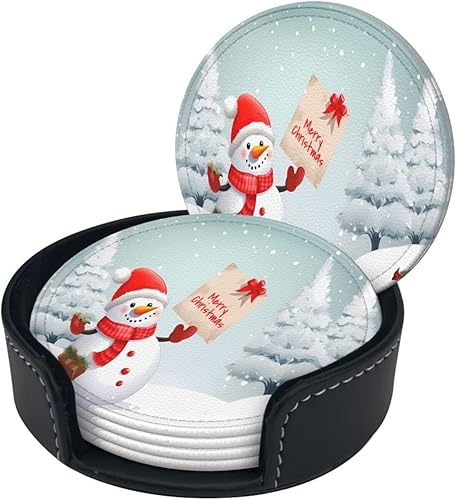 Posavasos de Navidad con diseño de muñeco de nieve y pájaros para bebidas, posavasos de cuero con soporte, 6 unidades, juego de posavasos redondos