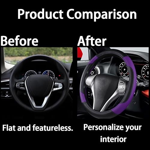 Miniatura 5 de BELOMI Funda de cuero para volante de automóvil, universal de 15 pulgadas para automóvil, camión, SUV, antideslizante y transpirable, diseño de