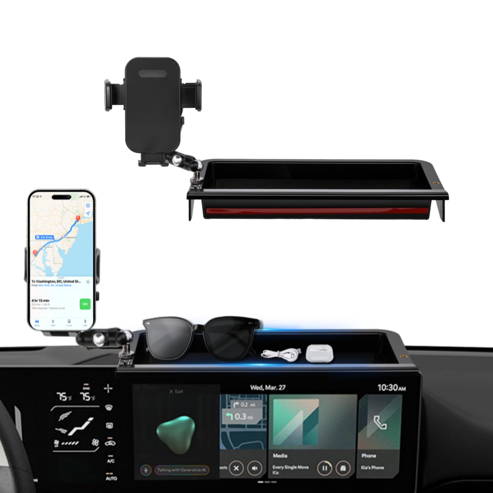 Car Phone Holder Compatible with Kia K4 2025 2026 Accessories 12.3-Inch Screen Fixed Clip, Cell Phone Mount with Dash Organizer Storage Box Hands-Free 360° Rotation