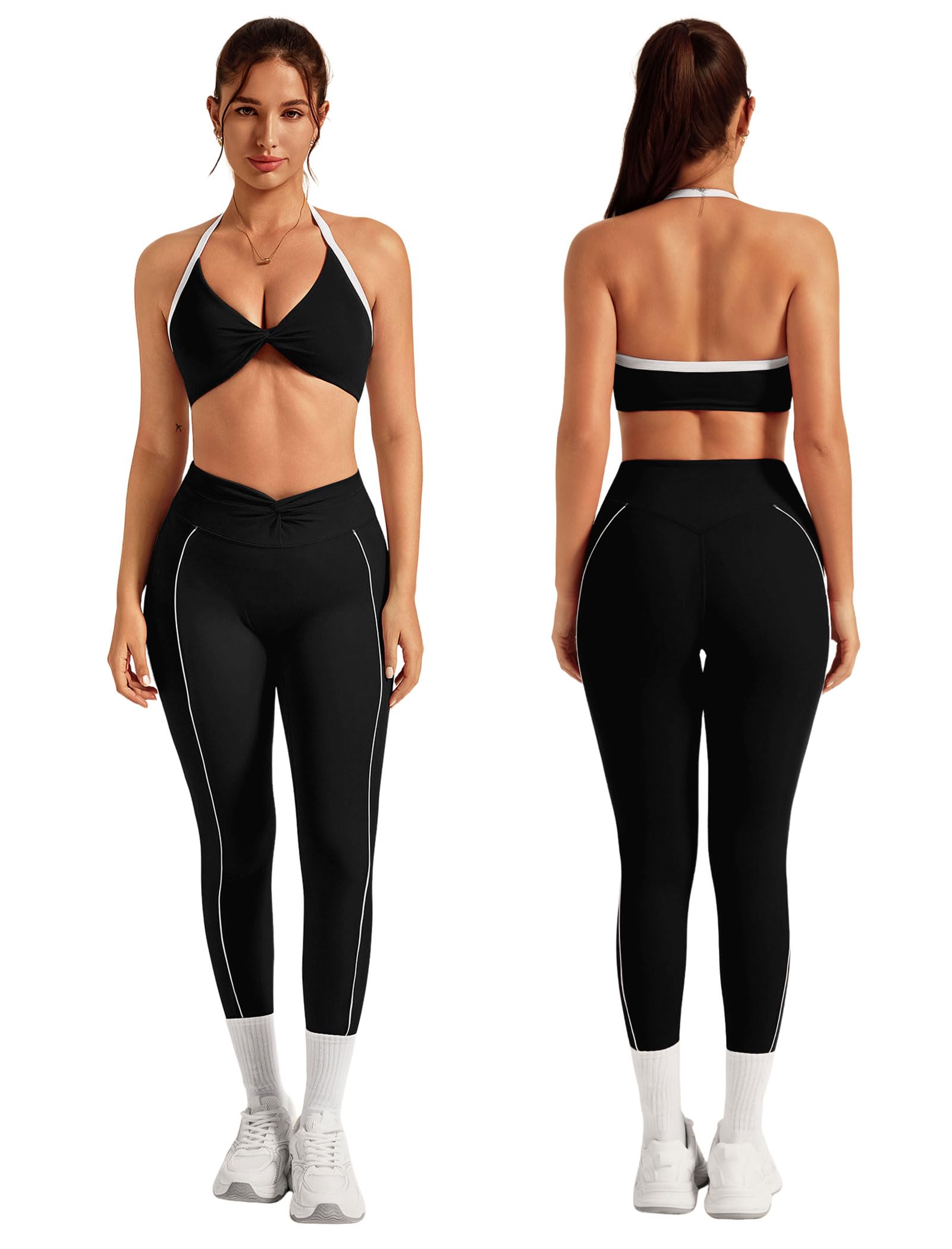 ABOCIW Womens 2 Piece Workout Sets Twits Front Halter Sports Bra Tummy Contron Leggings Yoga Pilates Outfits