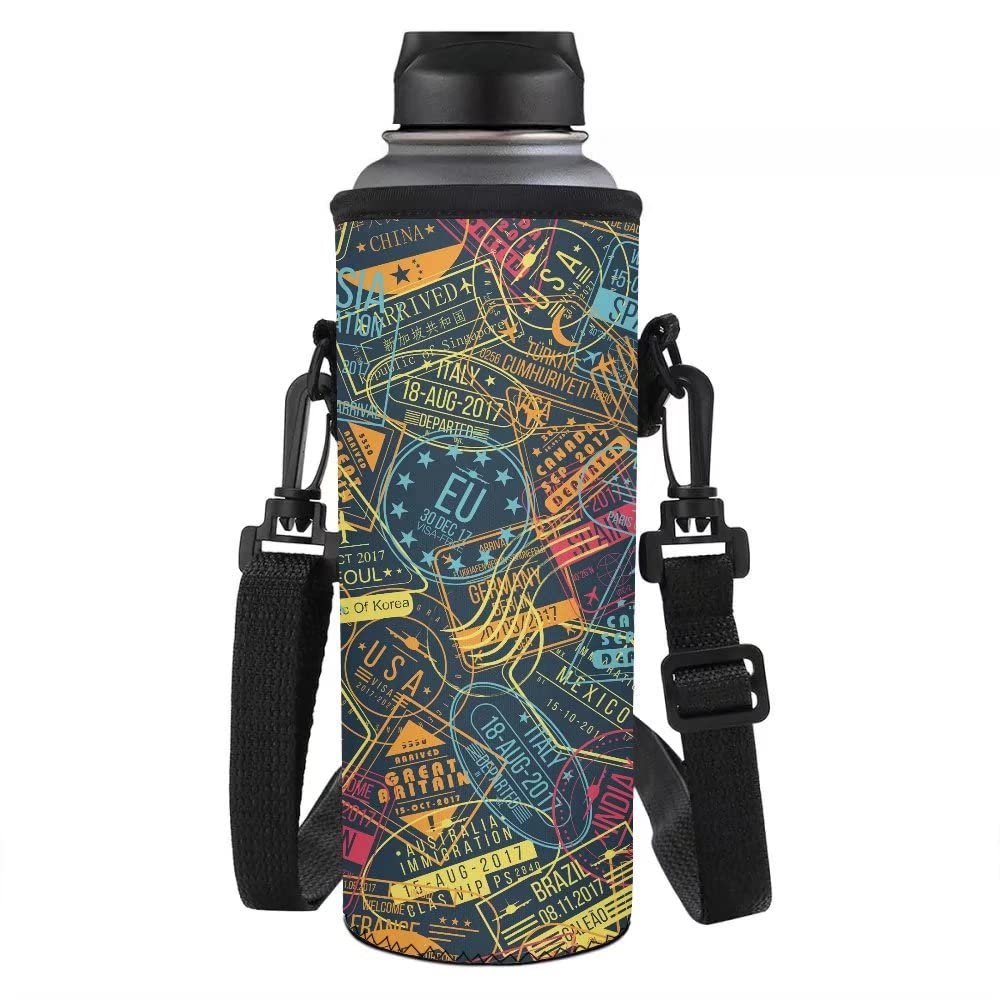 NETILGEN Portable Neoprene Water Bottle Carrier, Cool National Seal Print Water Bottle with Shoulder Strap, Fits 500ml/750ml Glass, Plastic, Meta Water Bottles for Camping Travel Outdoor Hiking