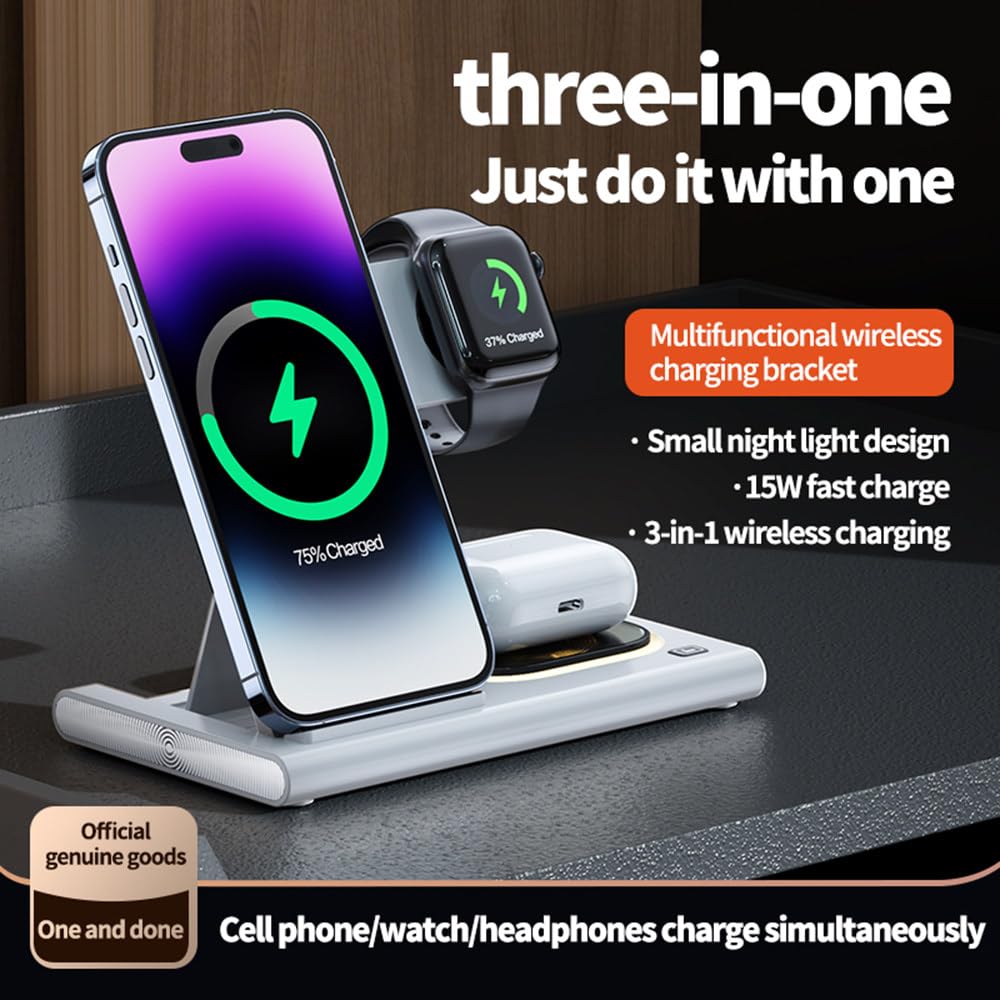 Chargeur magnétique sans fil 3 en 1, peut charger les téléphones mobiles, les écouteurs et les montres en même temps, compatible avec plusieurs appareils (16,5 x 14,1 x 1,9 cm), blanc