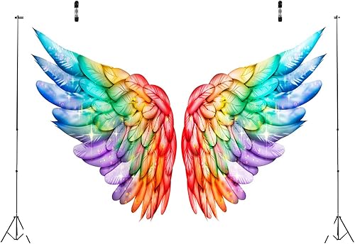 Miniatura 3 de BELECO Telón de fondo mágico de alas de ángel de 7 x 5 pies para fotografía, alas de arco iris brillantes, alas brillantes, fondo blanco, alas