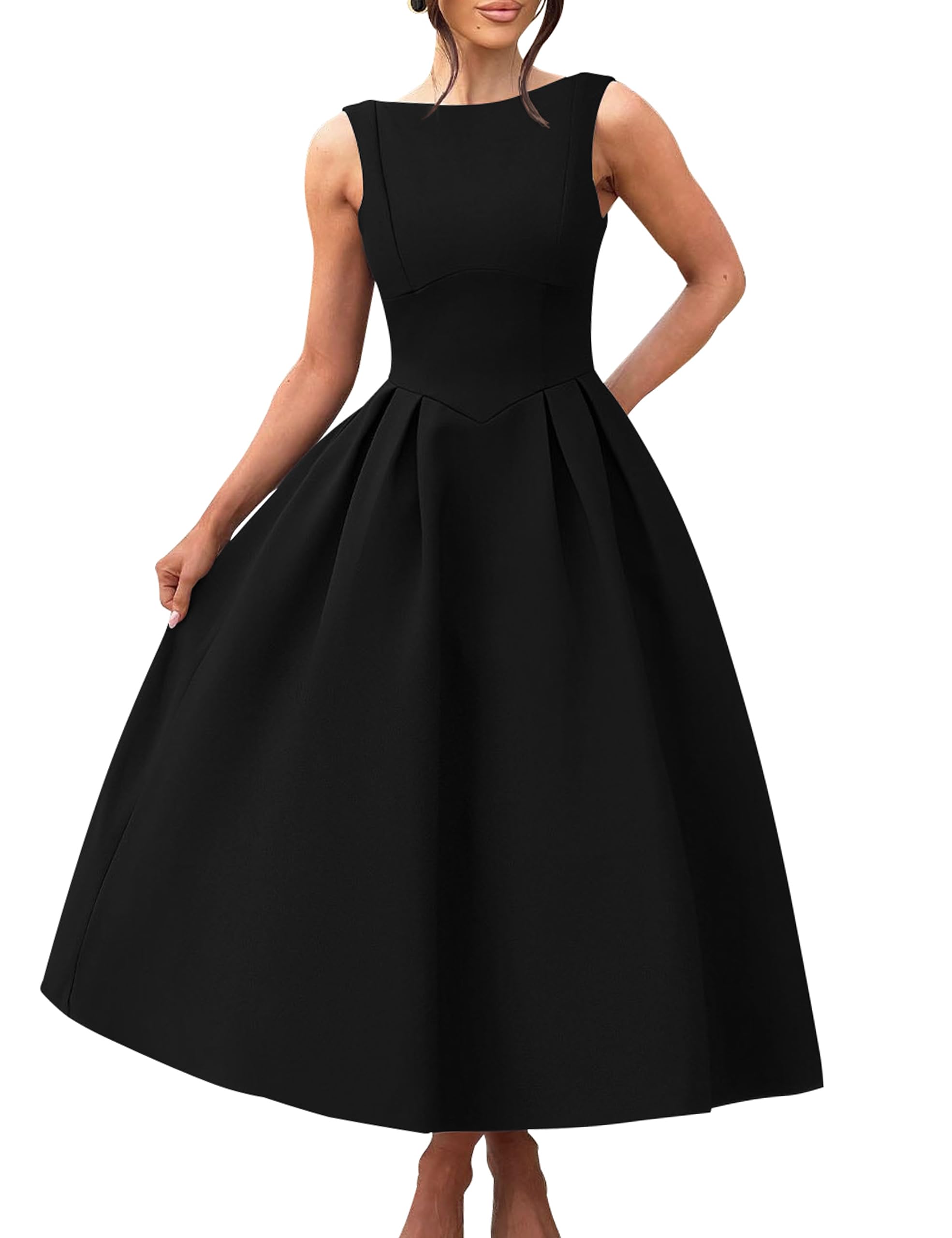 YMDUCH Womens Elegant Sleeveless Crew Neck Backless Swing A Line Evening Party Long Dress