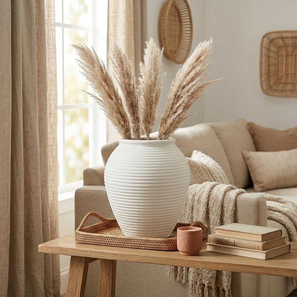 Vintage Keramik Ruastic Keramikvase mit Gerippte Terrakotta-Vase,28cm,Weiß | Terrakotta-Vase Tischvase aus Keramik für Deko Wohnzimmer Home Office, Vase für Pampasgras, Rustikales Antikes Dekor