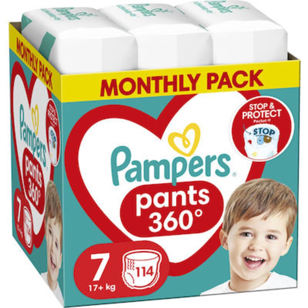 Pampers Pants de pañales, talla 7, 114 unidades de 17 kg para garantizar un ajuste completo de 360° para evitar que se afloje y gotee