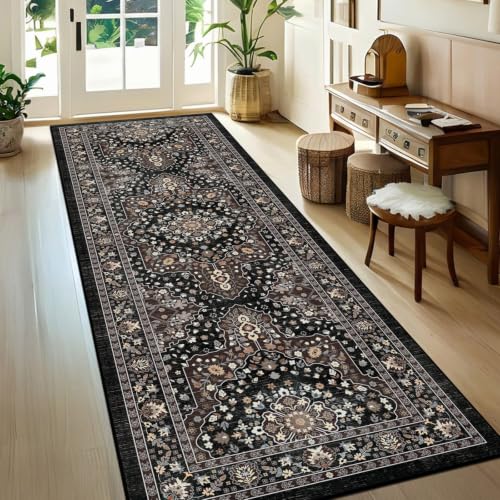TUKDAK Vintage Teppich Läufer Flur 60x180cm, Schwarz Kaffee Boho Teppichläufer für Flure rutschfest, Waschbar Kurzflor Küchenläufer… – Ansicht 1