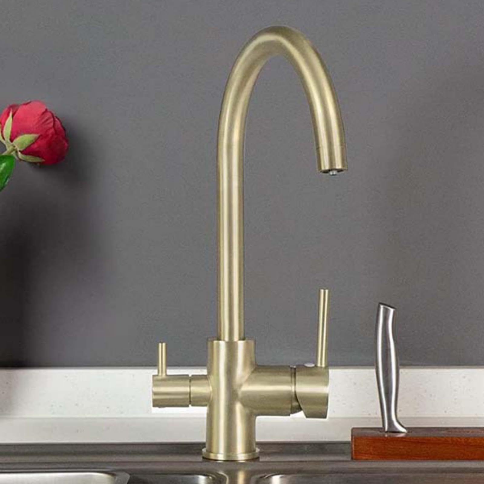 Grifo Osmosis 3 Vias Oro Cepillado Grifo de Cocina Fregadero Osmosis con Palanca Doble Mezclador Grifo de Cocina para Agua Potable