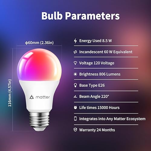 Miniatura 8 de ANWIO Matter - Bombillas inteligentes de 8.5 W (60 W de reemplazo) Bombilla LED A19 E26 compatible con la aplicación SmartThings, Alexa, Google
