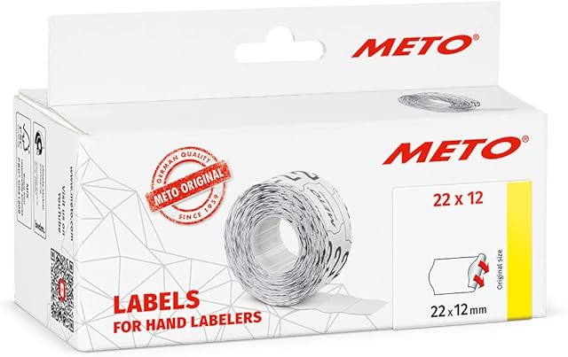 Meto Labels for Hand Labelers (22×12 mm, Single-line, 6,000 Labels, White, Permanently Adhesive, for Meto, Contact, Sato, Avery, Tovel, etc.)