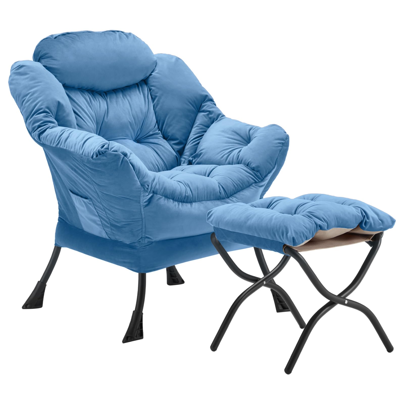 Lazy Chair with Folding Ottoman, Accent Chair Velvet Upholstered with Metal  Structure and Non-Slip Pads, Sofa Armchair with Footrest and Side Storage