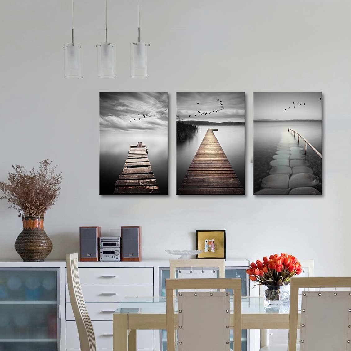 Black and White Landscape Painting 3 Piece Modern Bridge Artwork Bird Fly Over Lake Canvas Wall Art Decor