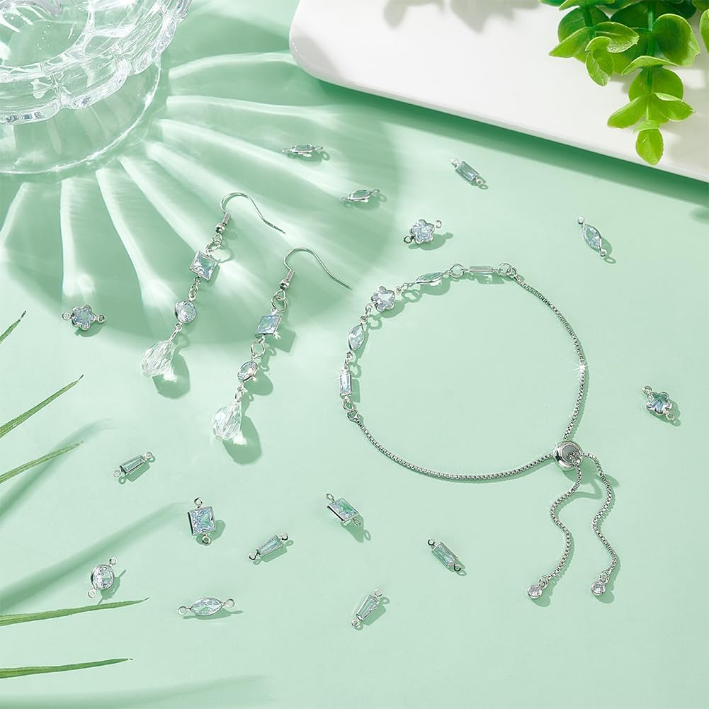 UNICRAFTALE about 56Pcs 7 Styles Crystal Charms Metal Star Birthstone Charm Pave Clear Cubic Zirconia Link Charm Flat Round Connector Charms Platinum Oval Earring Bracelet Charm for Jewellery Making - Image 5