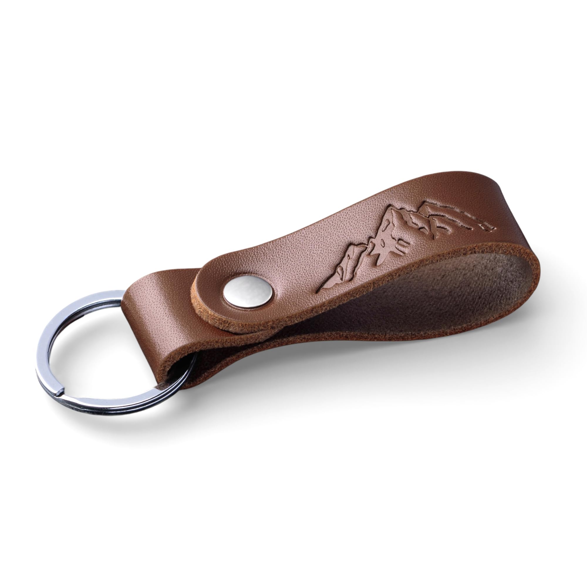 Magor Unisex Mountains Leather Keyring With Hot Embossed Design For Men & Women, Personalised Brown Leather Key Ring Gift For Him, Her, Mum & Dad, Premium Accessory For Car Or Home Keys (Mountains)