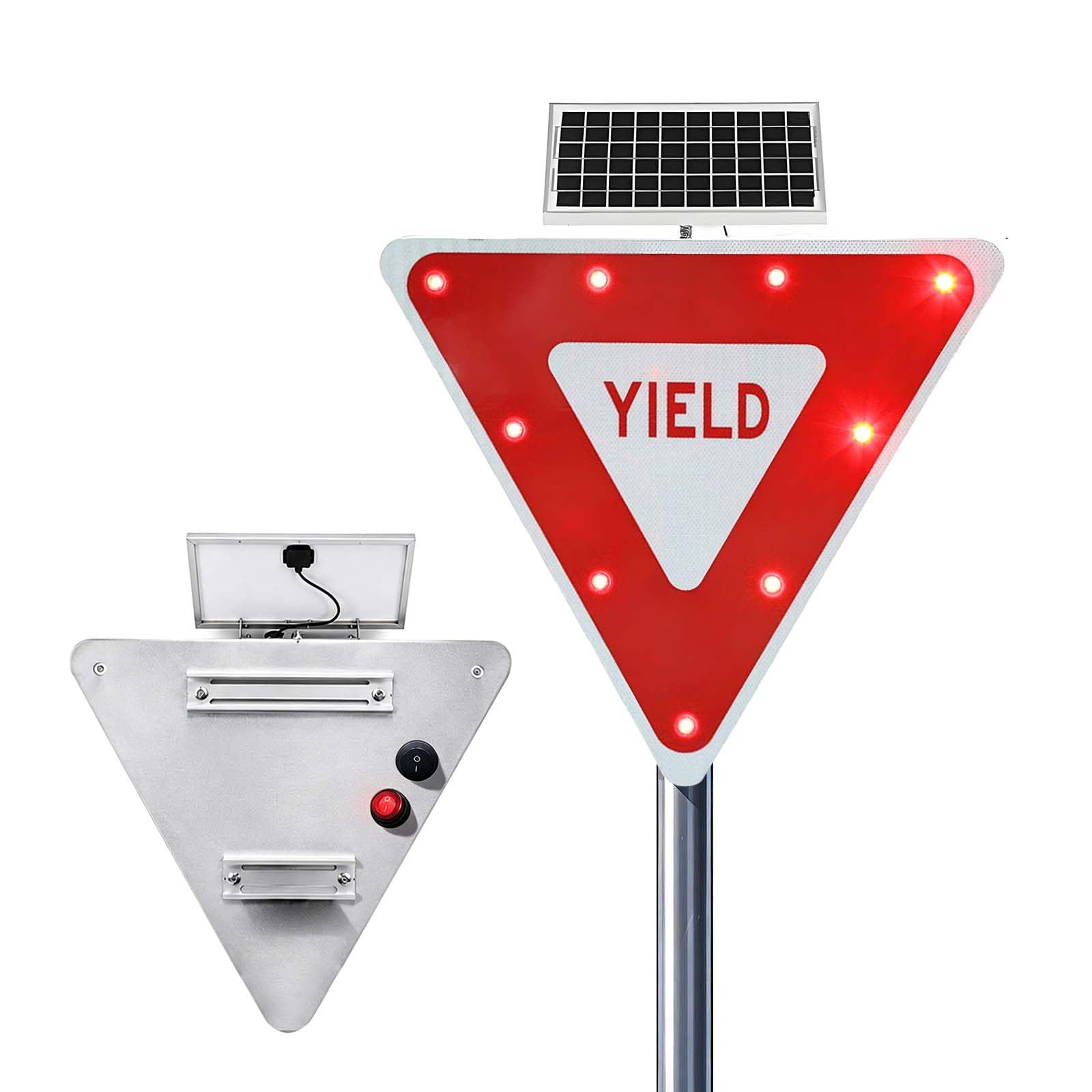 QFGain LED YIELD Sign Solar Flashing, 0.5 Mile Visible 6000mcd Brightness, Aluminum Pedestrian Crossing Sign with 2 Flashing Modes for Driveway Construction Zone