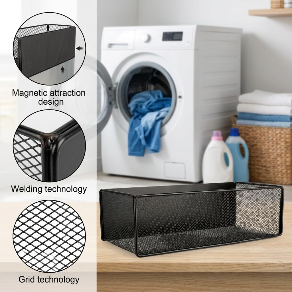 2 Pack Magnetic Shelf for Washing Machine, Laundry Room Organization and Storage accessories, Magnetic Spice Racks for Refrigerator ,Metal Storage Baskets for Laundry ,Kitchen,Room Shelves(Black)