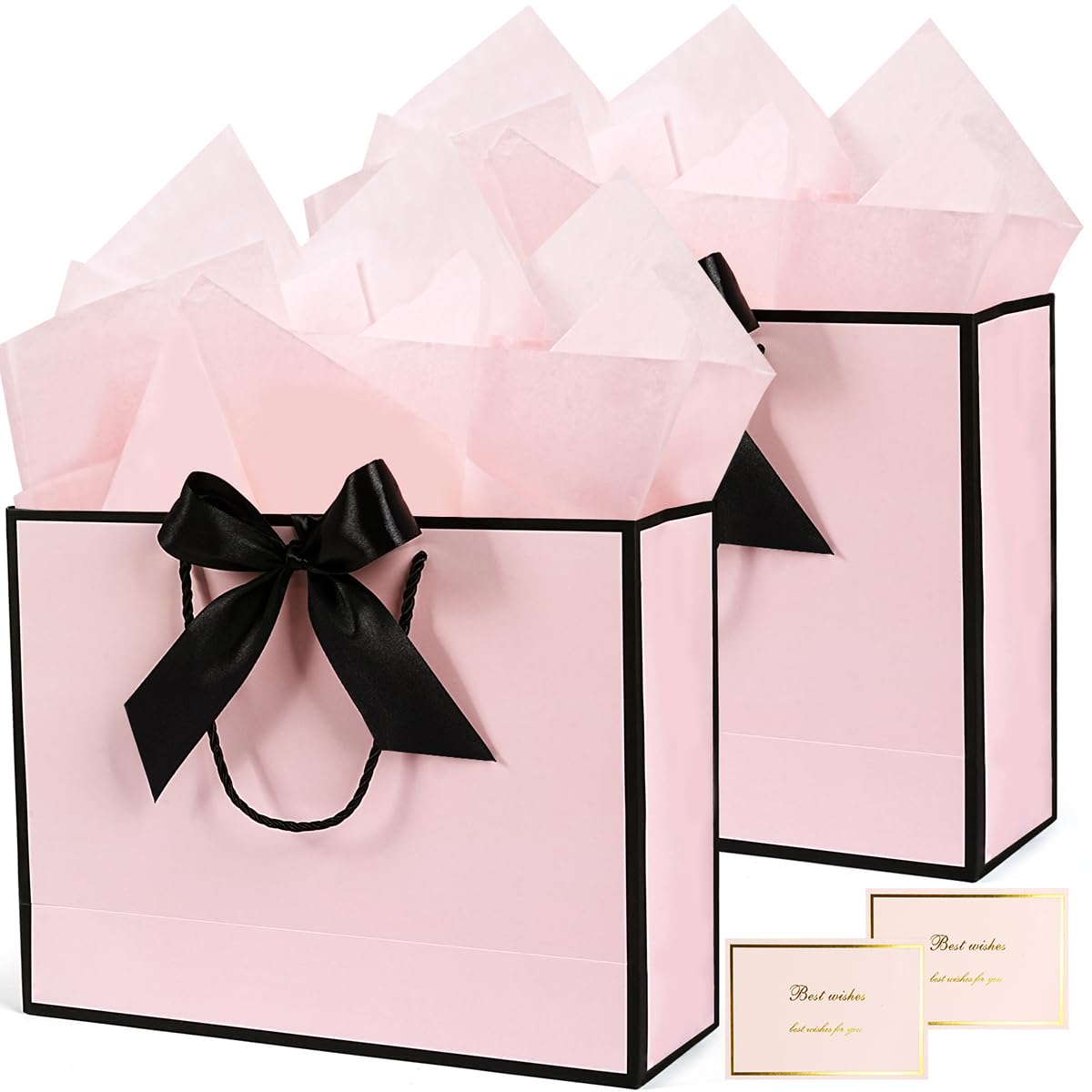 Pink Gift Bags Medium, 2Pcs Birthday Gift Bags with Tissue Paper Handles Ribbon Card for Girls Women, Pink Black Paper Party Present Bag for Birthday Wedding Valentines Baby Shower Holiday, 25x20x12cm