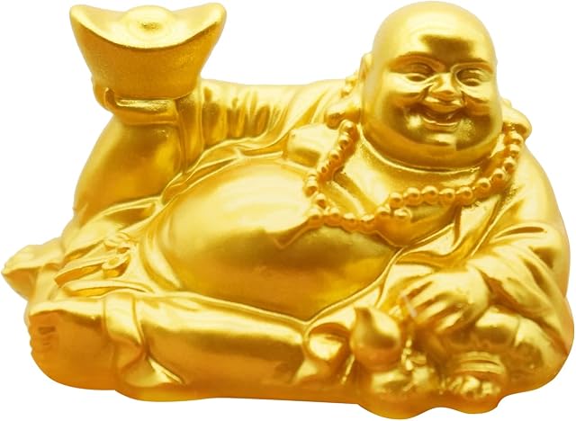 Laughing Buddha Statues, Gold Chinese Feng Shui Maitreya Buddha Ornament Reclining Buddha Carry Ingot in Hand Figurine Sculpture Home Office Decoration for Wealth, Lucky, Happiness