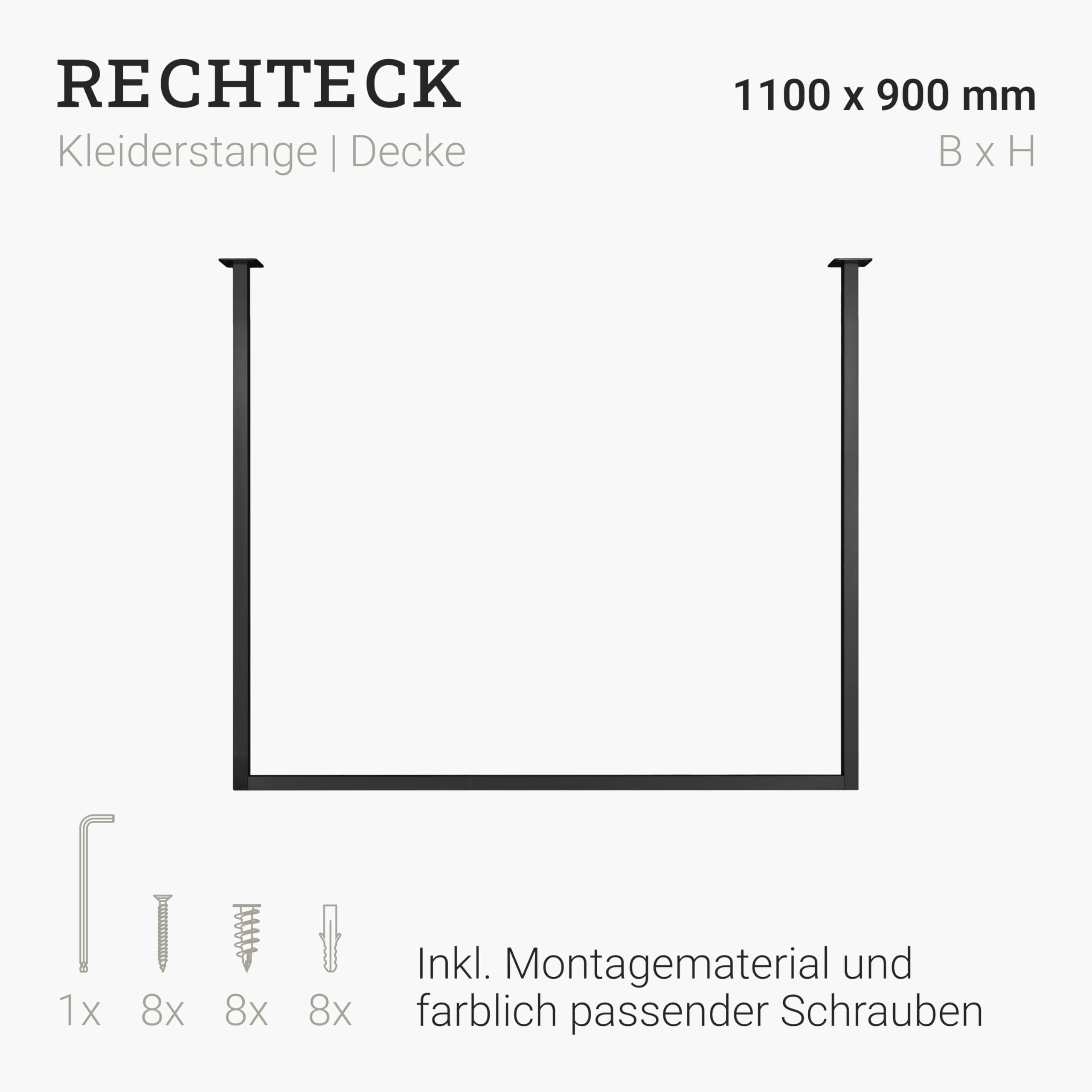 1x Kleiderstange RECHTECK, Garderobenhalter U-From, Wandmontage Bad Flur Küche, inkl. Montagematerial Dübel und Schrauben, pulverbeschichtet, pflegeleicht, rostfrei (T90cm x B110cm, Schwarz)