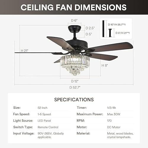 Miniatura 5 de NOXARTE Ventilador de techo de cristal de 52 pulgadas con luz, lámpara LED moderna con control remoto, ventilador de araña negro, motor de reversa,