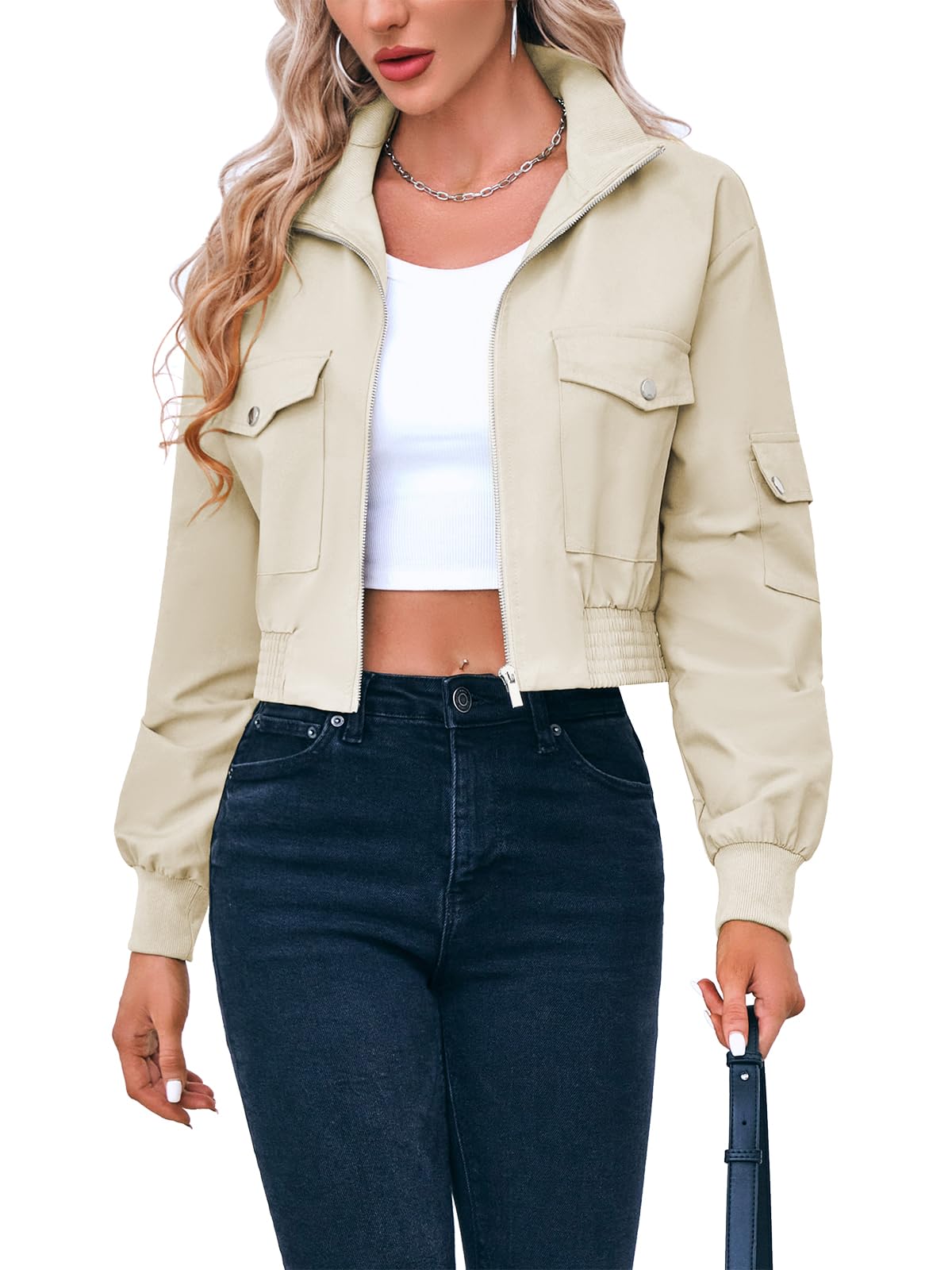 Fisoew Women's Cropped Bomber Jackets Lightweight Zip Up Stand Collar Long Sleeve Short Jacket with Pockets