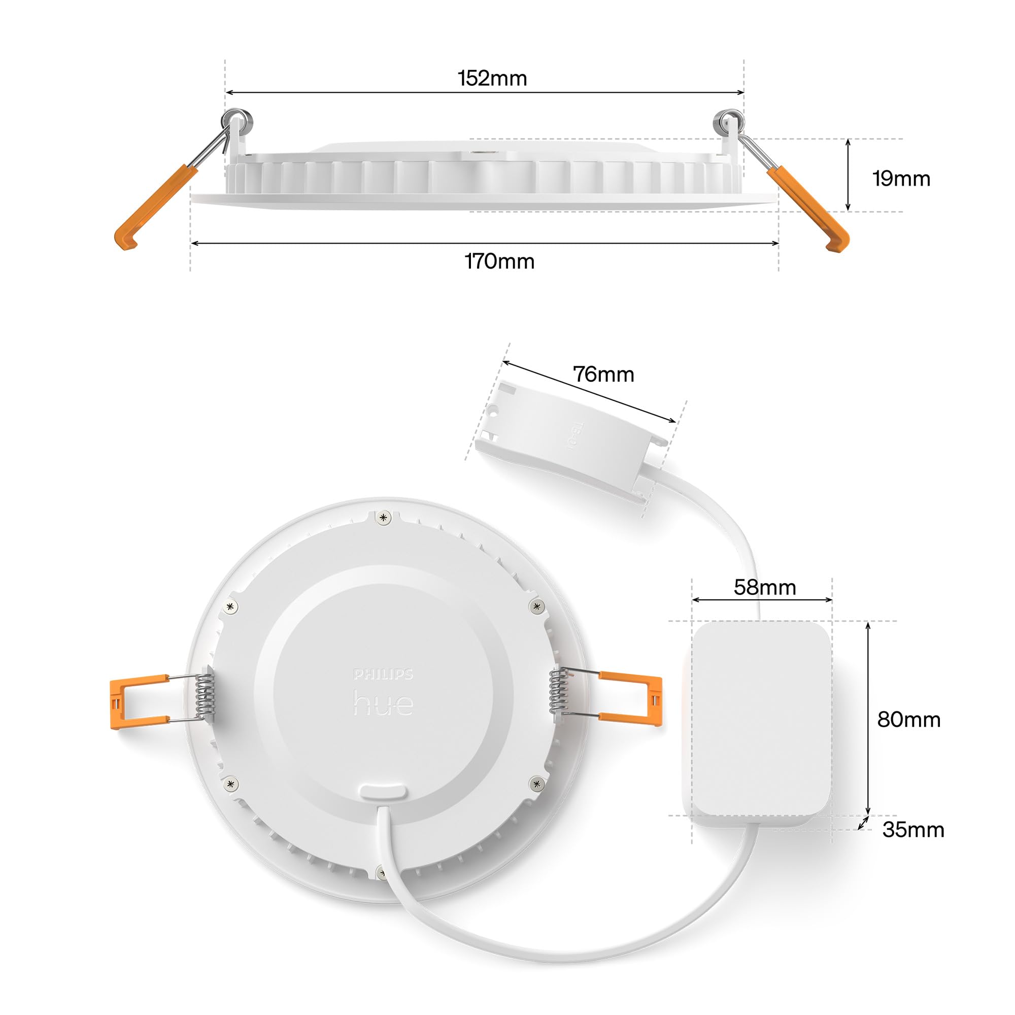 Philips Hue Slim Downlight, Plafoniera da incasso, 170 mm, Bianco | Smart LED, 1500 lm, Luce diurna 1000 K-20000 K, Regolazione ultrabassa, Colore preciso, Controllo via app e bluetooth