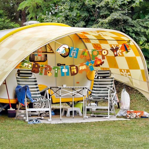 Image of Camping Happy Birthday Banner Sign Camping Birthday Party Decorations Camping Birthday Party Supplies for Outdoor Hiking Camping Decorations Summer Camp Adventure Garland Banner