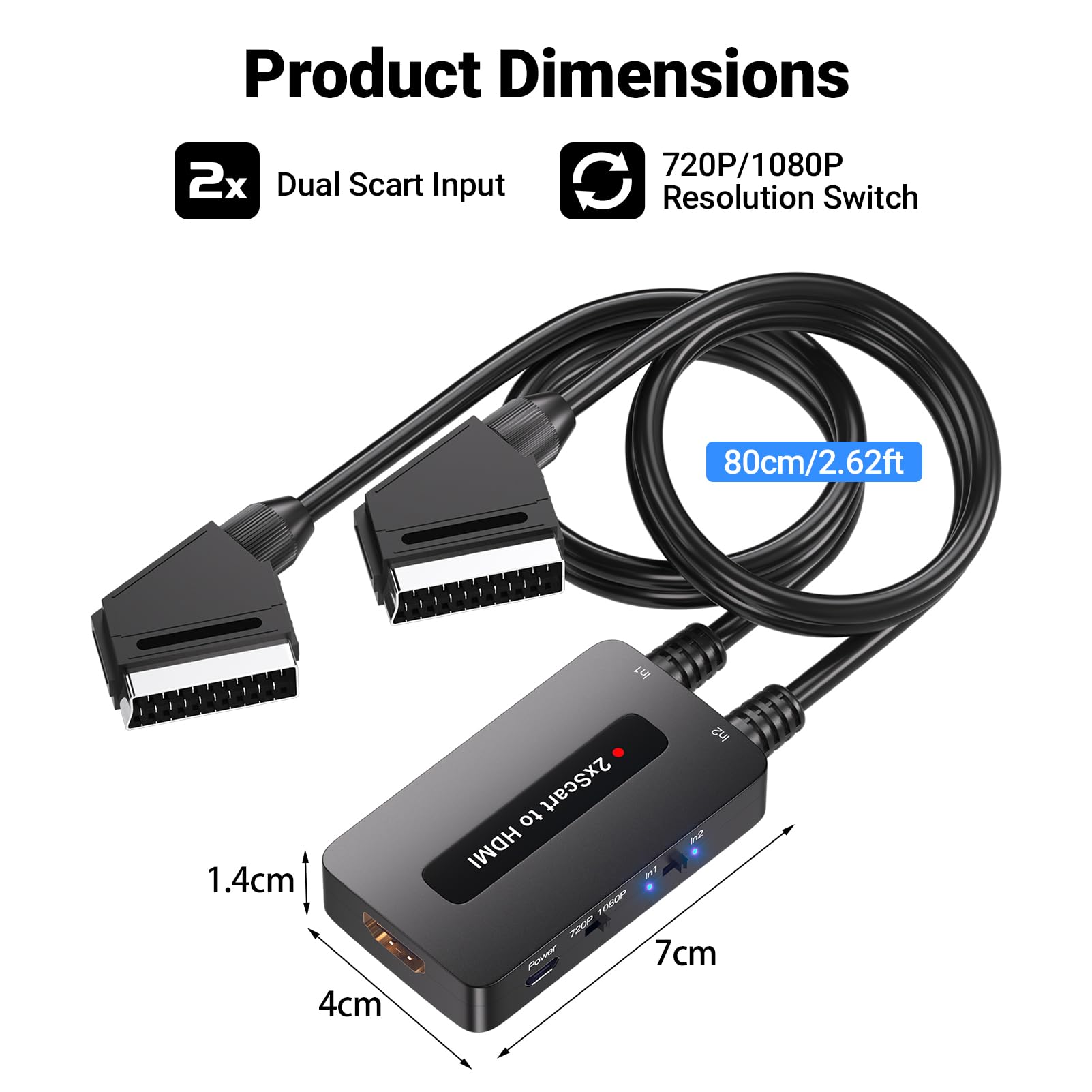 Convertitore scart a HDMI a doppia porta con interruttore di uscita 720P/1080P per dispositivi scart da visualizzare su HDTV