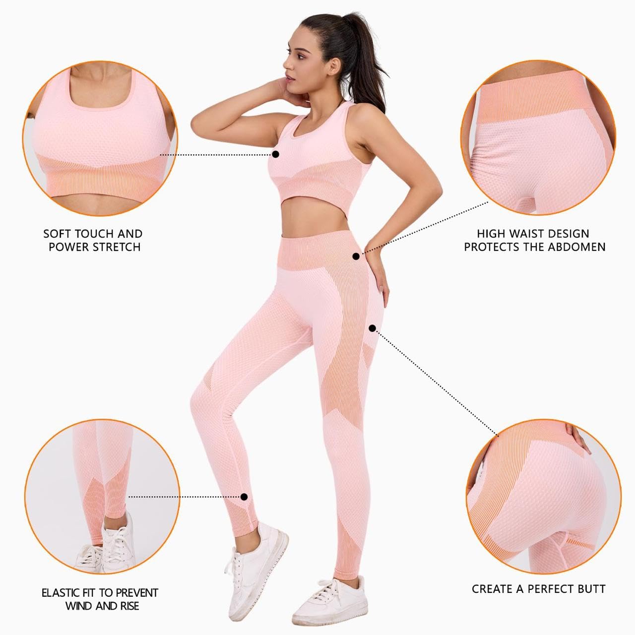Set da allenamento da donna, 3 pezzi, senza cuciture, leggings a vita alta, reggiseno sportivo e top corto, per yoga e fitness, palestra