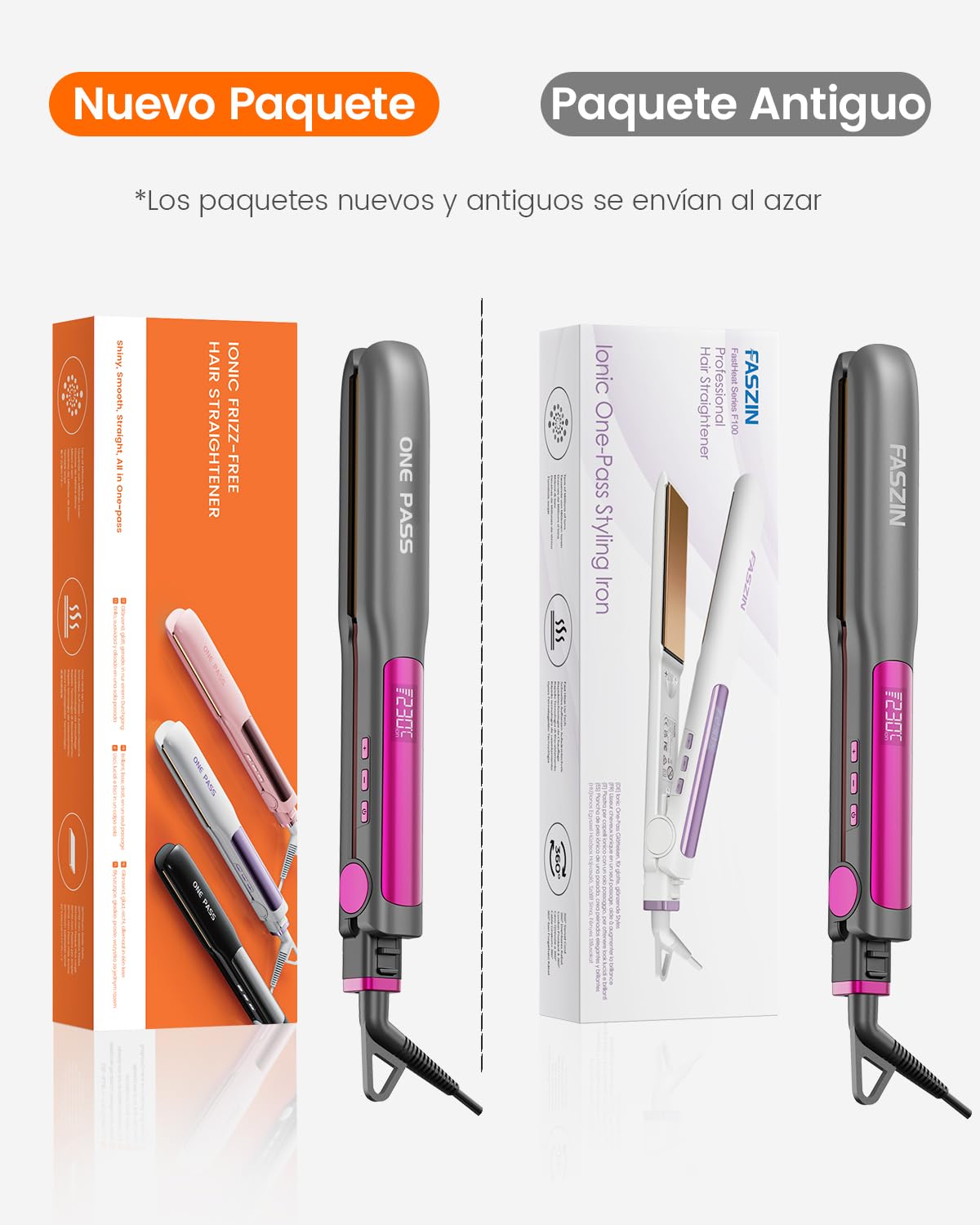 Faszin - Plancha para pelo con placas de titanio liso, plancha para alisar negativos iones protector, 20S calienta rápido, pantalla LCD, voltaje universal, alisador de pelo 2 en 1 (gris)