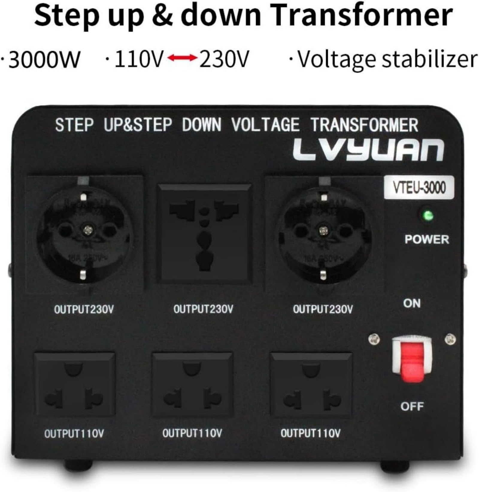 Cantonape 3 000 W Transformateur élévateur/réducteur de tension de 3000 W Convertisseur d'énergie de 220 V - 220 V/110 V, stabilisateur de tension automatique 3000 W