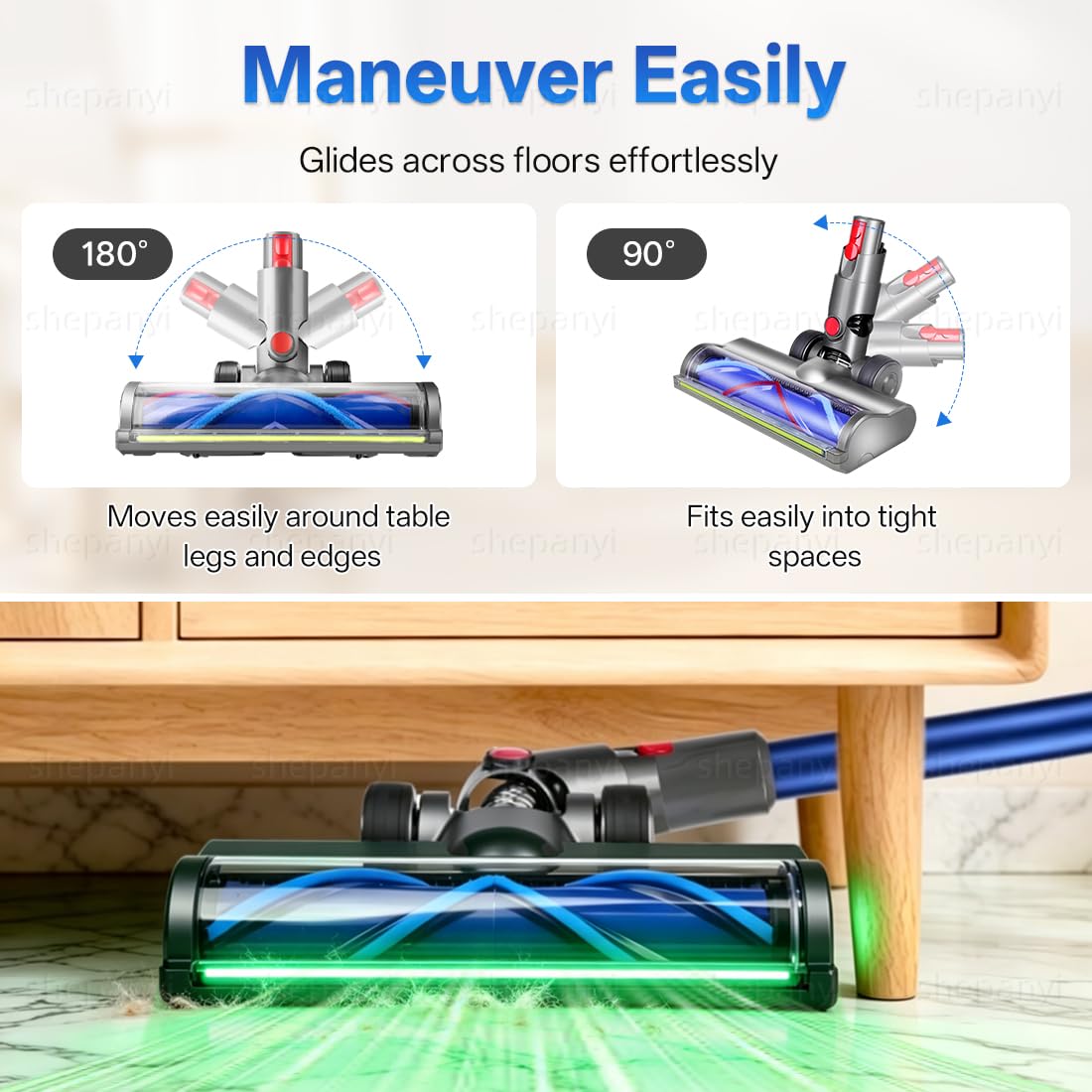 Bürste Ersatzteile kompatibel für Dyson V12 Detect Slim, Zubehör Bodenbürste mit grünem LED-Leuchten, Bodendüse für Hartböden und Teppiche