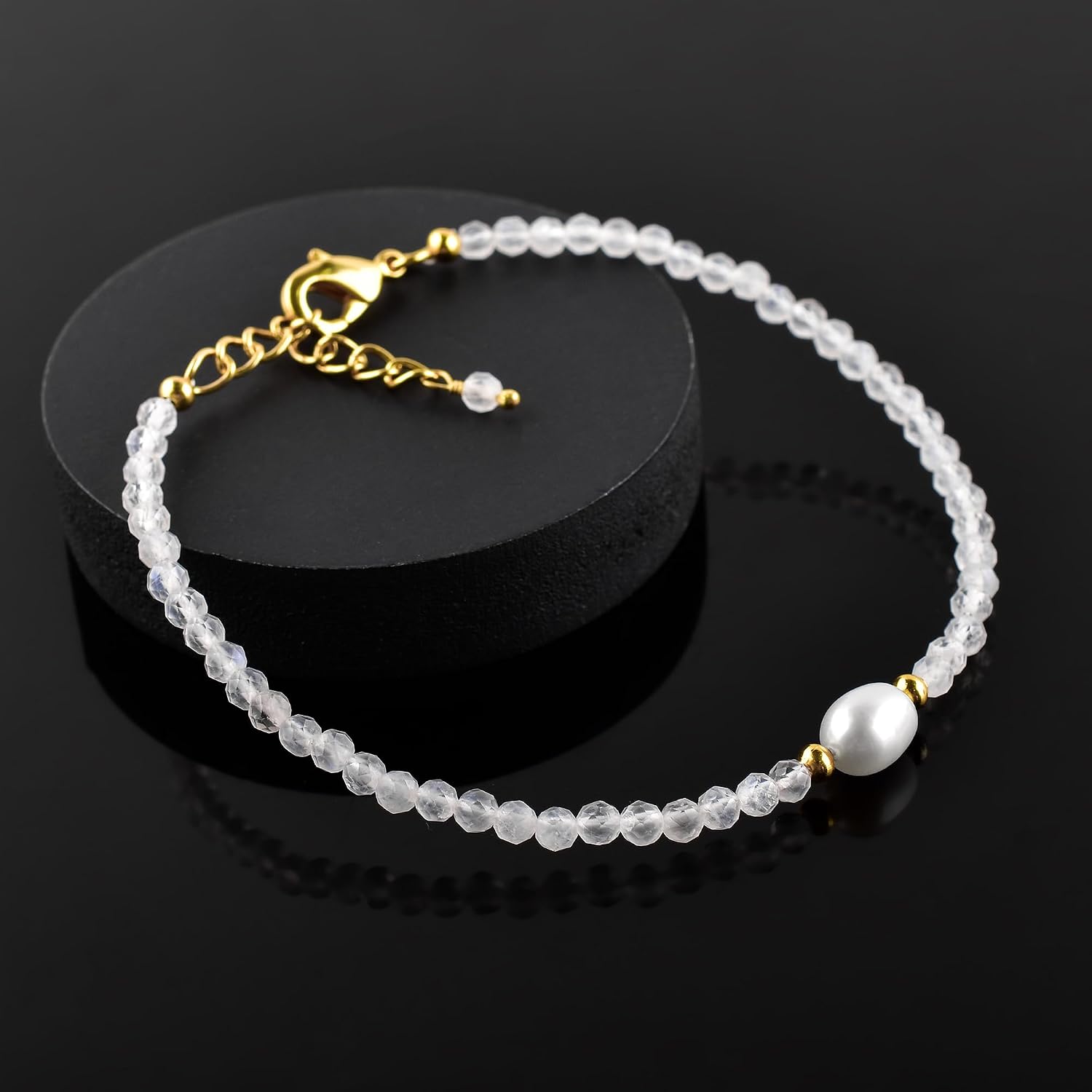 InfinityGemsArt Natural Gemstone Gold Bracelet For Women, Birthstone Crystal Stone With Freshwater Pearl Beaded Jewelry, Gold Plated Chain 8 Inch